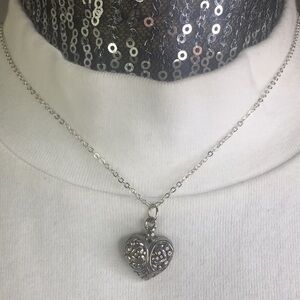 Scroll heart silver tone chain necklace 15"
